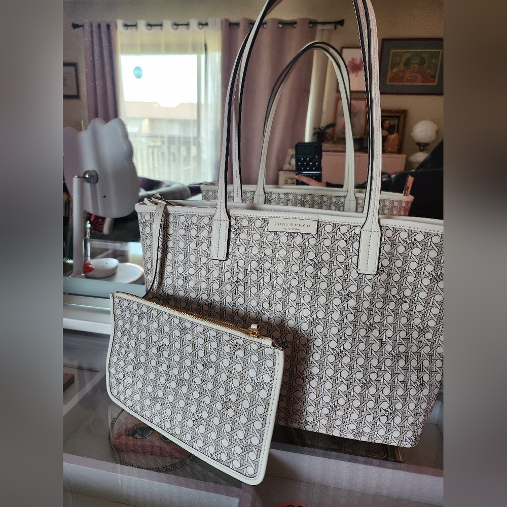 Tory Burch Ever-ready Basketweave Tote & Pouchette in Ivory